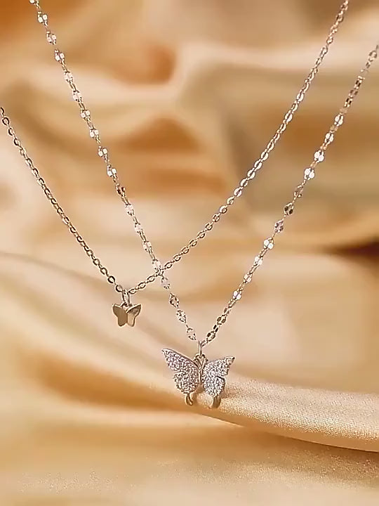 Double Layer Clavicle Chain Necklace Jewelry Zircon Butterfly Pendant Necklace (Gold)